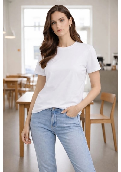 Alfanora Kadın Bisiklet Yaka Tişört Regular Kalıp Basic Pamuklu Günlük Kullanım T-shirt - Beyaz Beyaz