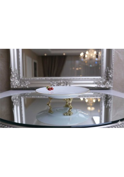 Çnr Home Collection Metal Ayakli Yaldizli Porselen Sunumluk Kurabiyelik Beyaz