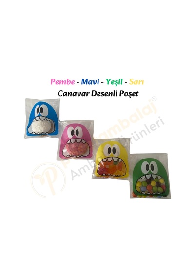 100 Adet 4 Renkli Canavar Desenli Cake Pop & Kurabiye Poşeti - 10x15 Cm