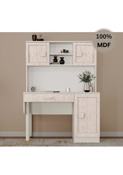 Nilüfer Mdf Kitaplıklı Dolaplı Çalışma Masası Krem