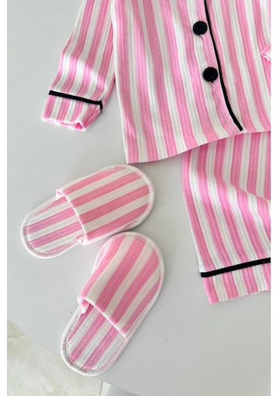 Minigimin Cicileri Çizgi Desenli Terlikli Kız Çocuk Pijama Takımı - Açık Pembe