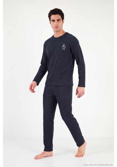 Buratti Yumuşak Dokulu Minimal Nakışlı Uzun Kollu Pijama Takımı Erkek Pijama Takımı 6575009 Lacivert