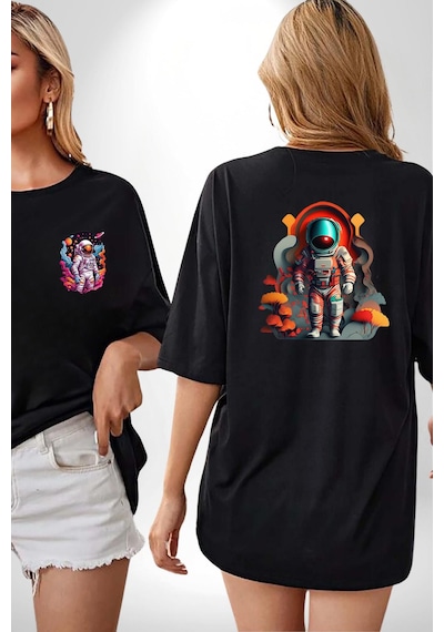 Astronot Yapay Zeka Yürüyüş Siyah Oversize Unisex Ön Ve Sırt Baskılı Tişört Siyah
