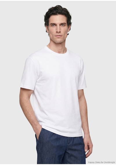 Ramsey Beyaz Düz Bisiklet Yaka %100 Pamuk T-shirt beyaz white