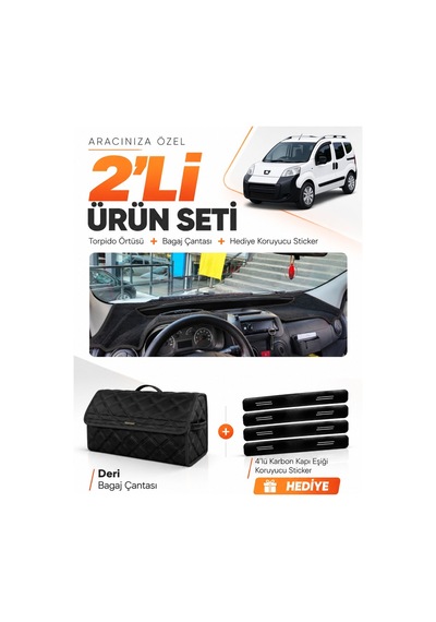 E-biz Peugeot Bipper 2007-2020 Uyumlu Torpido Örtüsü + Deri Bagaj Çantası Seti - Siyah - Pe020