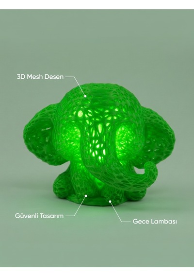Sevimli Fil Çocuk Odası Gece Lambası 3d Tasarım Led Işıklı Masaüstü Mesh Dekor Hediyelik Yeşil