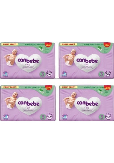 Canbebe Bebek Bezi Fırsat Paketi 3 Beden Midi 4-9 Kg 56 Lı X 4 PKT.CANBEBE.062 4'lü