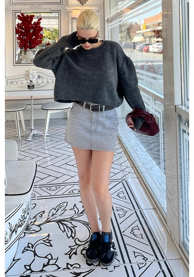 Madmext Antrasit Bisiklet Yaka Crop Kadın Kazak Mg2166 Antrasit