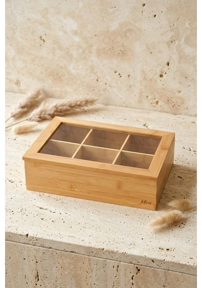Atbyhome Bambu 6 Bölmeli Cam Kapaklı Çay Kutusu - Poşet Çay Düzenleyici Organizer Ahşap