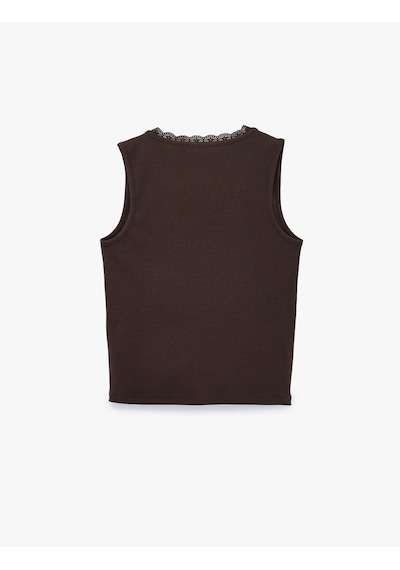 Koton Pamuklu Slim Fit Dantel Detaylı Fitilli Kolsuz V Yaka Bluz Kahverengi 6sak10386ek Kahve