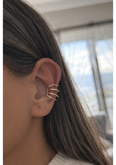 Gold 4 Sıra Görünümlü Zarif Taşlı Cecile Earcuff Kıkırdak Küpe -kararma Yapmaz- Altın