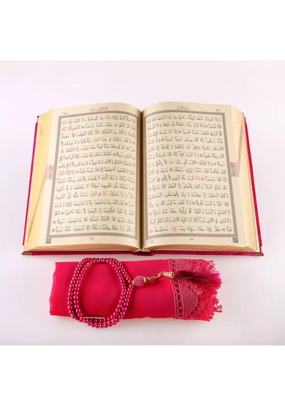 Şal + Tesbih + Kuran Hediye Seti Orta Boy, Kadife, Lafzatullah, Fuşya Pembe