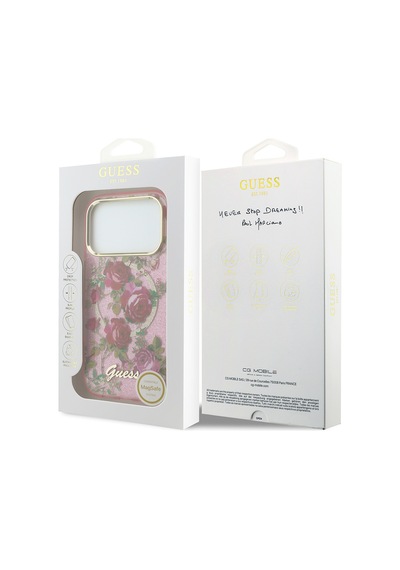 Apple iPhone 18 Pro Uyumlu Kılıf Guess Lisanslı M-safeli Gül Desenli Simli Yazı Logolu Kapak Pembe