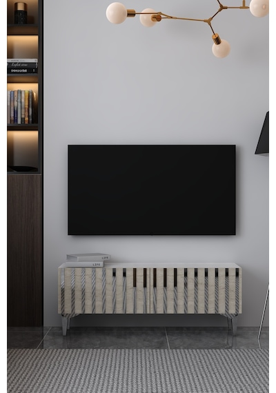 120dhdts6btg Aden Pleksi Desenli Tv Sehpası Beyaz-traverten-gümüş