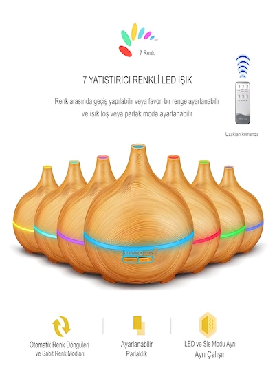 500ml Kumandalı Ahşap Desenli Aroma Difüzör Hava Nemlendirici 7 Renk Led, Rgb Işıklı