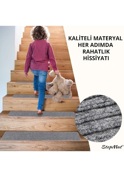 Kare Kaymaz Tabanlı Ve Yıkanabilir Merdiven Basamak Halısı - Gri / Adet Olarak Satılır Null