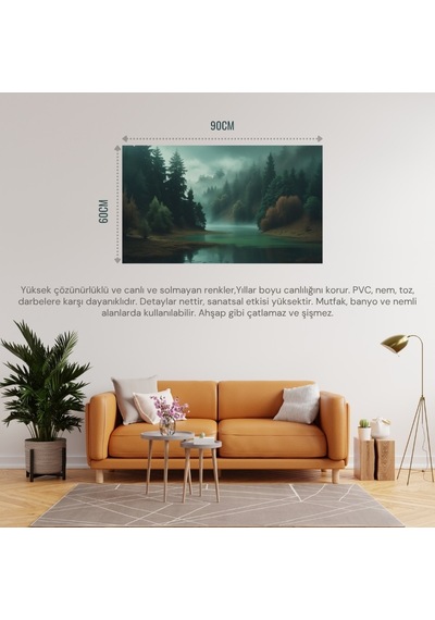 Doğa Ve Manzara Yatay Yoğun Ağaçlar Ve Gizli Göl, Sisli Vadi, Gizemli Ruh Hali Soluk Renkler 03 Çerçevesiz 90x60cm Pvc Tablo