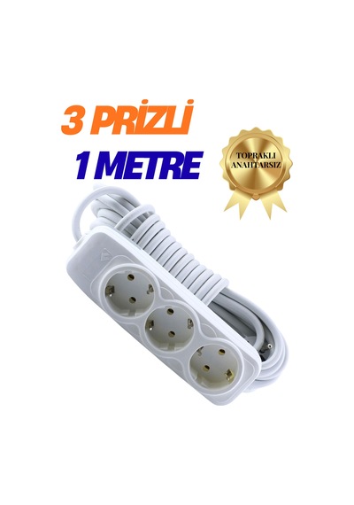 Klc 3'lü Grup Priz 1 Metre Topraklı Çocuk Korumalı Uzatma Kablosu Seyyar Kablo 3lü Priz 3lü 1m Beyaz 1 - 2 M