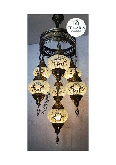 El Yapımı Otantik Mozaik 7 Li Avize Tavan Lambası Dekoratif Beyaz - 786499679 Beyaz