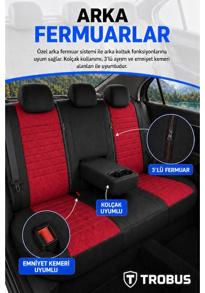Renault Megane E-tech 2022+ Uyumlu Apex Serisi Tay Tüyü Bel Destekli Kırmızı Siyah Koltuk Kılıfı