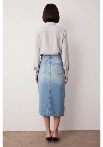 Benerly Kadın Midi Denim Etek Önden Düğmeli Yırtmaçlı A-line Kesim %100 P Mavi