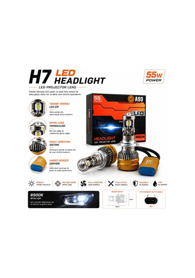 H7 A90 Led Xenon 55w 8200lm Optik Lensli 6500k Beyaz Işık Far Ampulü