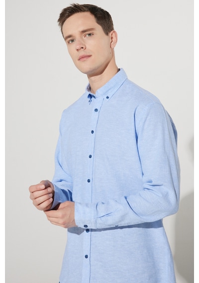 AC&Co / Altınyıldız Classics Erkek Comfort Fit Rahat Kesim Düğmeli Yaka Keten Gömlek Mavi