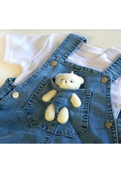 Bilge Trend Oyuncaklı Bebek Kot Salopet Tişört Takım Slopet T-shirt Takım Mavi