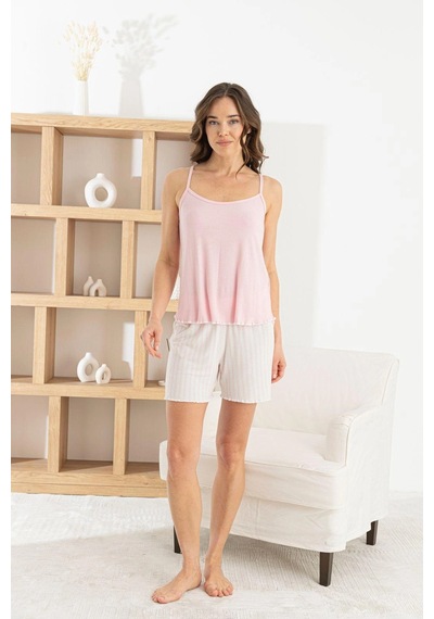 Pijamoni Kadın Modal Kumaş İp Askılı Şortlu Pudra Pijama Takımı