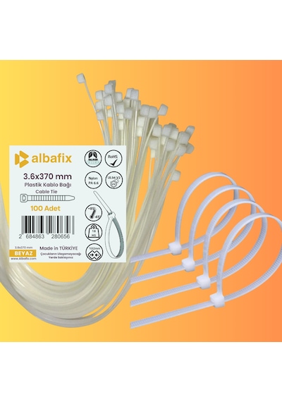 3.6x370 Mm Şeffaf Beyaz Plastik Kablo Bağı Klipsi Cırt Kelepçe 100 Adet