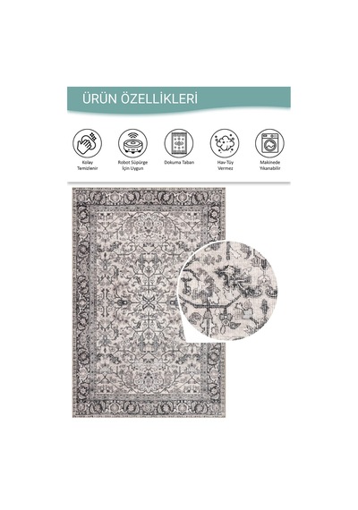 Artloop Stonart Eskitme Vintage Desenli Bej/gri Otantik Yıkanabilir Şönil Halı Al 458 Bej-gri 3