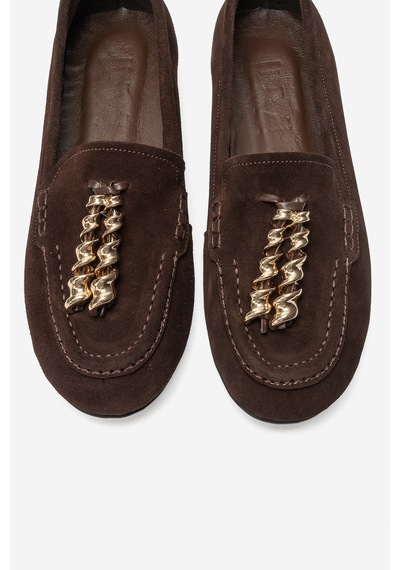 Luvi Shoes Nowell Kahverengi Süet Hakiki Deri Metal Fiyonklu Kadın Loafer Ayakkabı