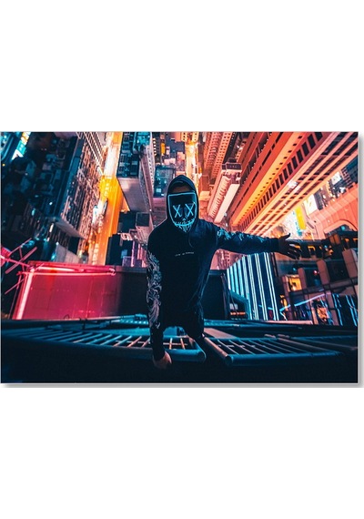 Cakasepetim Neon Maskeli Adam Ve Gökdelenler Ahşap Mdf Tablo