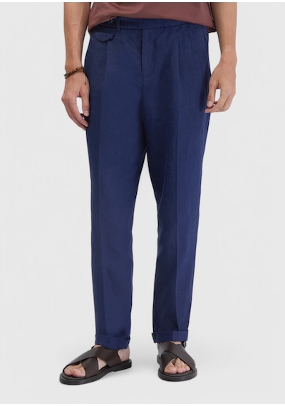 Ramsey İndigo Çizgili Dokuma Carrot Fit Casual %100 Keten Pantolon