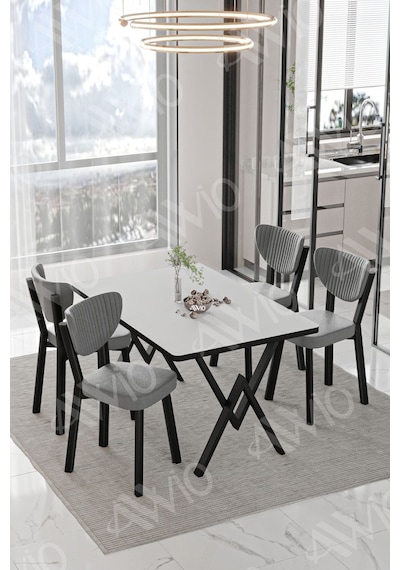 Avvio Pedra Elma Sandalye 80x120 Yemek Masası Mutfak Masası 4 Kişilik Masa Sandalye Takımı Beyaz
