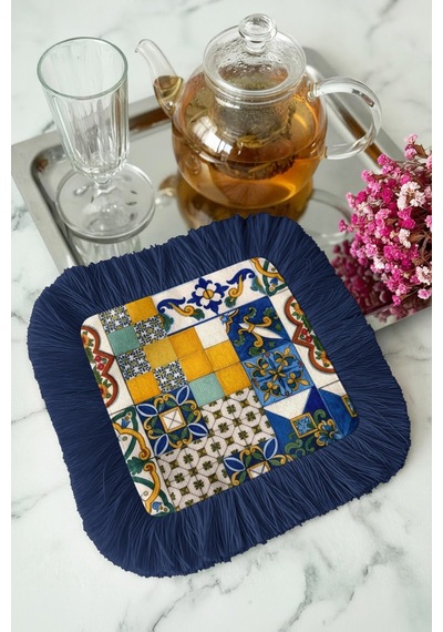 Akdeniz Patchwork Püsküllü Sunum Peçetesi - İtalyan Mozaik Bohem Lacivert Bardak Altlığı Mendil Çok Renkli