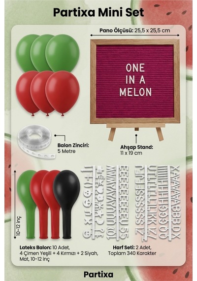 Karpuz Temalı 1 Yaş Doğum Günü Süsleme Mini Set Koyu Fuşya Keçe Yazı Panosu Standlı Balon Zincirli Meyve Konsepti