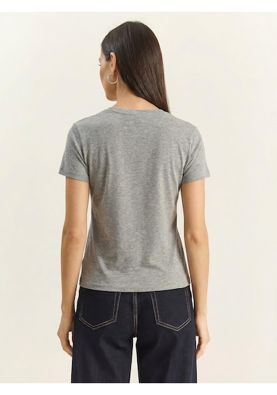 Shade Kadın Rabbit Nakışlı İşlemeli Bisiklet Yaka Basic T-shirt 7532 60283953 - Gri