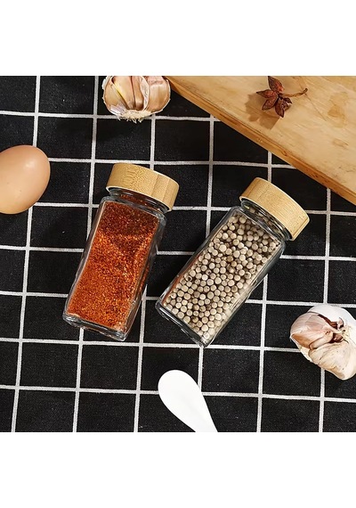 Cam Baharatlık Seti, 12 Adet, Bambu Kapaklı, Etiketli Şeffaf - Bambu