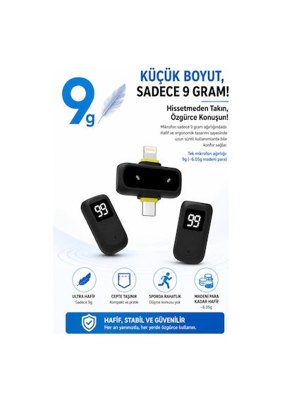 Kablosuz Yaka Mikrofonu 2'li Type-c Lightning Uyumlu Çift Mikrofonlu Gürültü Engelleme Şarj Kutulu