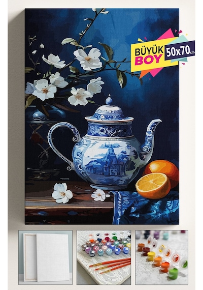 Sayılarla Boyama Seti Numaralı Tuval Fırça Boya Dahil Kasnaklı Set 50x70 Cm - Portakal Vazo