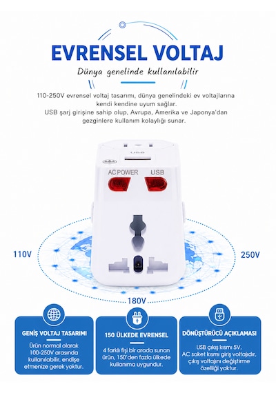 Universal Dünya Priz Dönüştürücü Seyahat Adaptörü Usb Şarj Girişli 150+ Ülke Uyumlu Çok Fonksiyonlu Adaptör