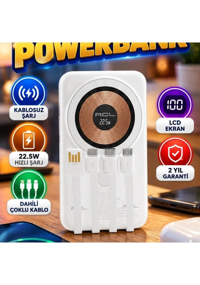 Manyetik Kablosuz Şarjlı Powerbank Dahili Çoklu Kablo Ve Lcd Ekran Renkli