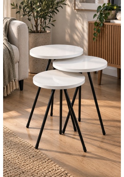 Sulorahome 3'lü Beyaz Zigon Sehpa Takımı Siyah Metal Ayaklı
