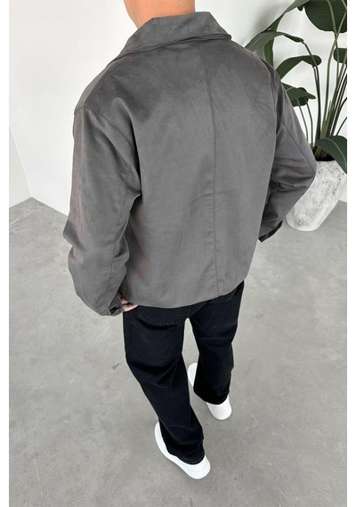Gri Süet Kumaş Basic Relaxed Ceket Gri
