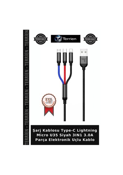 Şarj Kablosu Type-c Lightning Micro U35 Siyah 3ın1 3.0a Parça Elektronik Uçlu Kablo