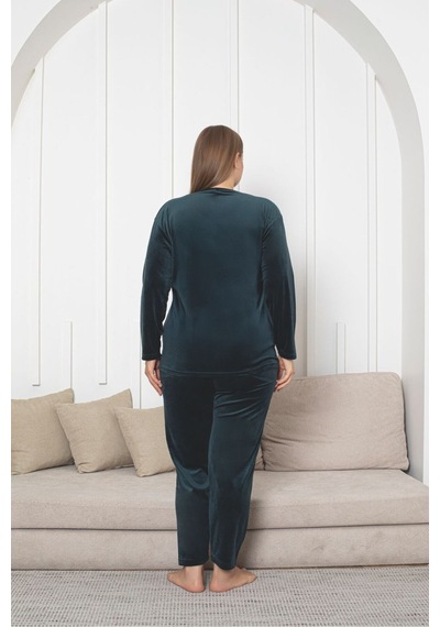 Büyük Beden Kırmızı Likralı Soft Kadife Pijama Takımı Yeşil
