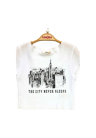 Çikoby Kız Çocuk The City Yazılı Crop-13749 Beyaz