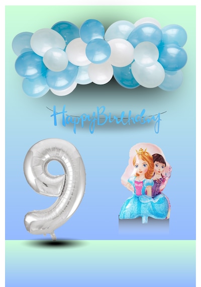 9 Yaş Frozen Tema İkili Prenses Folyo Balon Mavi Beyaz Balon Gümüş Rakam Mavi Banner Doğum Günü Seti Çok Renkli