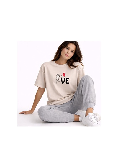 Sevgili Kombini Love Baskılı Çift Tişört Oversize Unisex Partner Siyah-bej